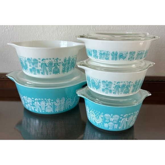 Vtg Pyrex Amish Butterprint Casserole Dishes Turquoise FULL SET Missing 1 Lid - Picture 1 of 16
